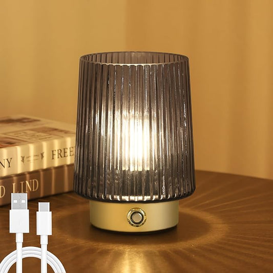 Cordless Lamp Rechargeable Battery Operated lamp, Glass Small Table lamp - Portable Dimmable Brightness Touch Wireless Bedside Lamp for Bedroom Kitchen Dining Home Living Room Decor Grey