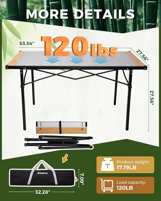 KingCamp Camping Table Folding Portable Table Aluminum Roll Up Lightweight Foldable Large Camp Table for Indoor Outdoor Picnic Backyard, 53.5"X27.5"