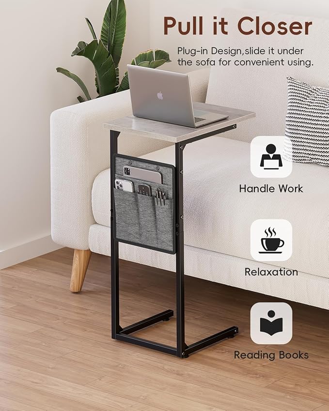 Vagusicc C Shaped End Table, Small Side Table for Couch, Couch Side Table C Table for Small Space, TV Tray Slide Under Sofa Snack Table with Metal Frame for Living Room, Bedroom, Bedside, Grey