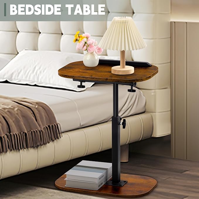 Aoligrace Adjustable Height C Shaped End Table, 360°Swivel Small Side Table for Small Spaces Living Room, Flip Top TV Tray for Couch Sofa Chair