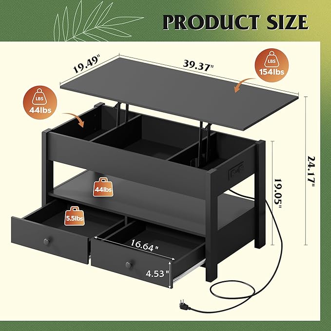 WLIVE Coffee Table, Lift Top Coffee Table with 2 Drawers, LED Light, Large Hidden Compartment and Open Shelf, Lift Tabletop, Dining Table for Living Room, Black