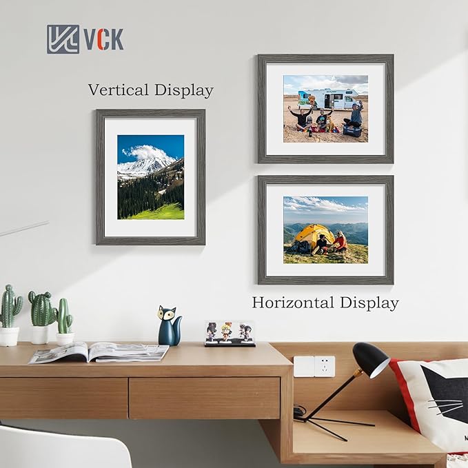 VCK 11x14 Picture Frame 5 Pack - Grey, High-End Wood Poster Frames with Tempered Glass, Display 8x10 Photo with Mat or 11x14 without Mat, Art Gallery-Quality, Wall Hanging, Grey