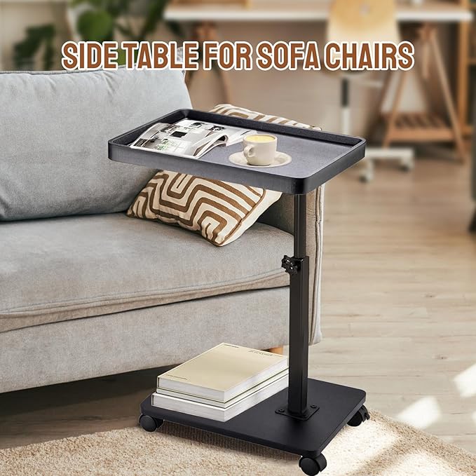Adjustable C Shaped Side Table, C Table End Tables with Wheels for Sofa, 360° Swivel Sofa Tables for Livingroom,Bedroom,Study and Small Spaces (Glossy Black)