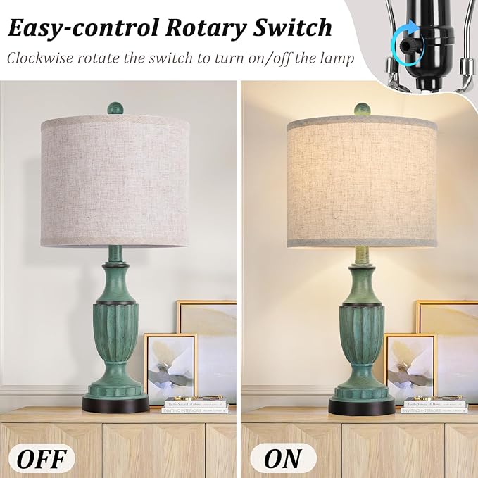 TOBUSA Farmhouse Living Room Table Lamps Set of 2, Green Rustic Vintage Table Lamps for Bedroom Nightstand, Antique Bedside Desk Lamps with Linen Shade, 22’’ Traditional Resin Lamp Sets for End Table