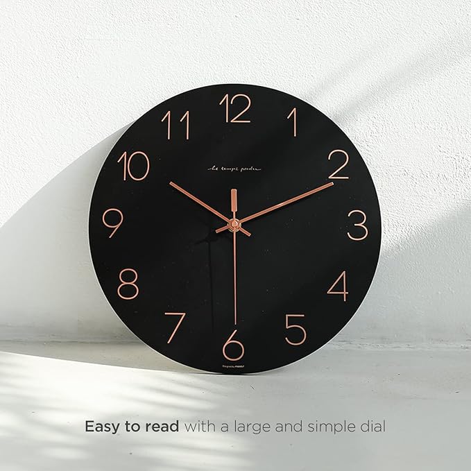 mooas Flatwood Black Wall Clock,12" Non-Ticking Sweep Movement Decorative Modern Battery Operated Decorative Wall Clock for Home Living Room Kitchen Bedroom Office School Cafe Hotel (Black)