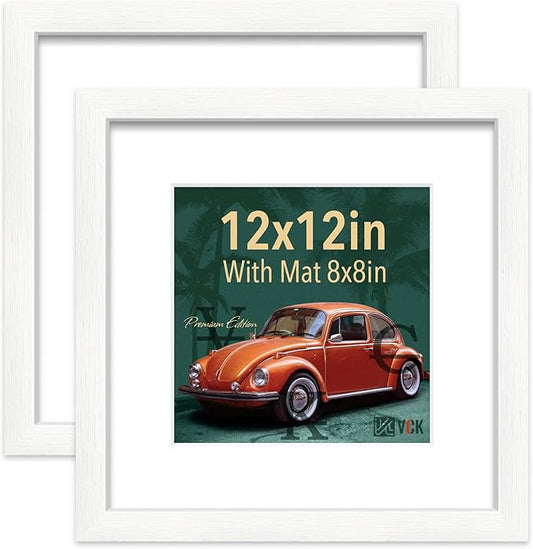 VCK 12x12 Picture Frame Set of 2 - White, Textured Modern Square Wooden Frames with HD Glass, Display Photo 8x8 with Mat or 12x12 Without Mat, Wall Hanging