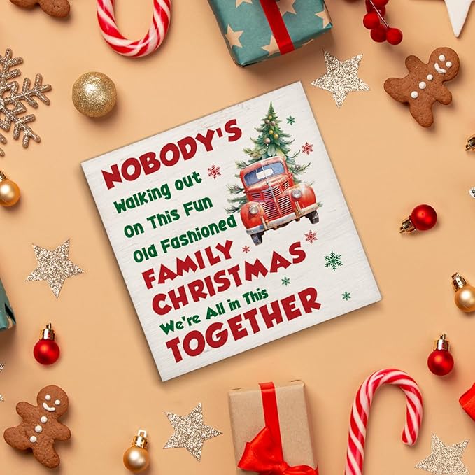 Christmas Vacation Decorations - We're All In This Together Decor, Indoor Christmas Wooden Sign, Tree Truck Home Decor for Desk Table Shelf 5 X 5 Inches
