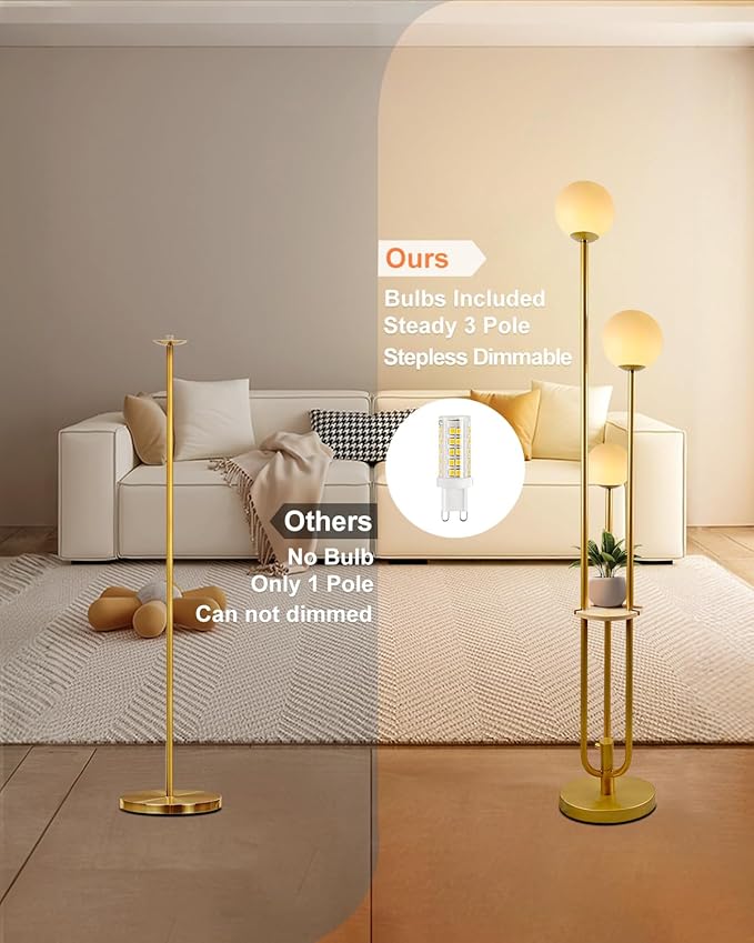 Lightdot Gold Globe Floor Lamp 3-Lights Dimmable Floor Lamps with Tray 3000K Bulbs Included Unique Floor Lamp Candle Holder Style Modern Standing Lamps for Living Room/Bedroom