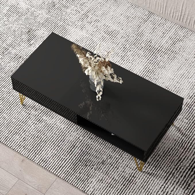 Meble Furniture Repo 51" Coffee Table with Lower Shelf & Drawer - Modern Rectangular Dining Table for Living Room - Durable & Lightweight Wooden Coffee Table with High Gloss Front Finish - Black