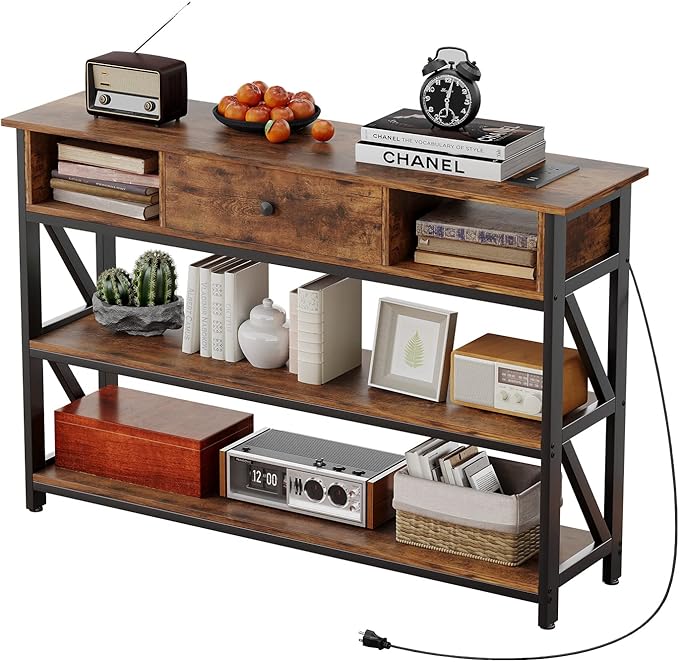 Mexin 47 Inch Console Table with 2 Outlet and 2 USB Ports, Entryway Table with Drawer and Storage Shelves, Narrow Sofa Table for Living Room and Hallway, Vintage Brown