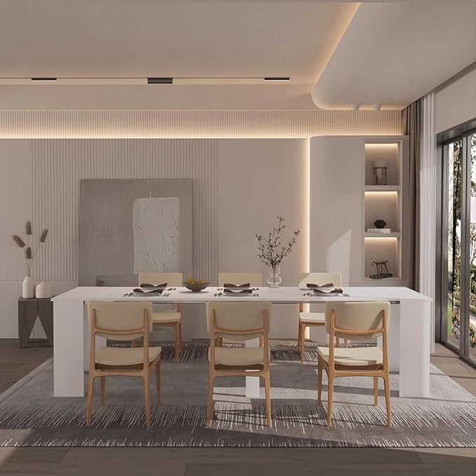 DMAITH 20"-118" White Extendable Dining Table for 2-12 People, Modern Modular Extension Table, Space-Saving Extra Long Folding Dining Table, Multifunctional Conference Meeting Table