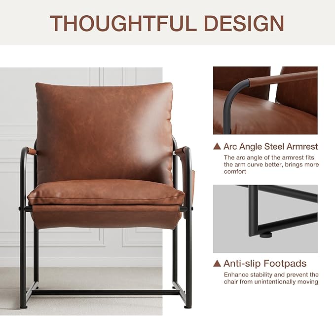 HOMMPA Sling Accent Chair, Steel Frame Lounge Arm Chair Living Room Chair with Side Storage Pocket, Faux Leather Surface Reading Accent Chair Mid Century Modern Bedroom Chair, Brown