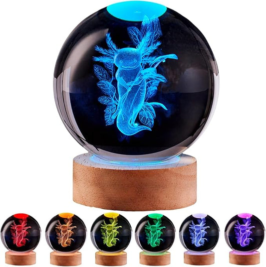 Axolotl Crystal Ball Lamp with LED Wooden Base, 16 Colors Change & Remote Control Crystal Ball Night Light, Upgraded 3.15 Inch Glass Light, Gift for Kids Wife Girlfriend (Axolotl B)