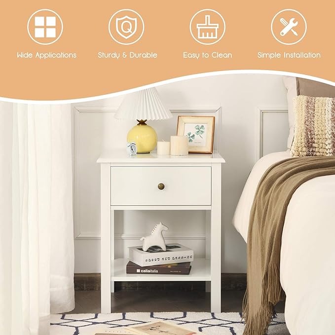 Giantex Nightstand, 2-Tier End Table with Drawer and Open Storage Shelf, Modern Bedside Tables, Wooden Side Table Night Stand for Bedroom, Dorm, Small Spaces, Easy Assembly, White