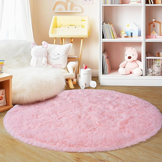 4'x4' Round Pink Rugs for Girls Bedroom, Ultra Soft Fluffy Circle Rug for Kids Room, Cute Shag Rugs for Living Room Playroom Tent Castle Home Decor Rug