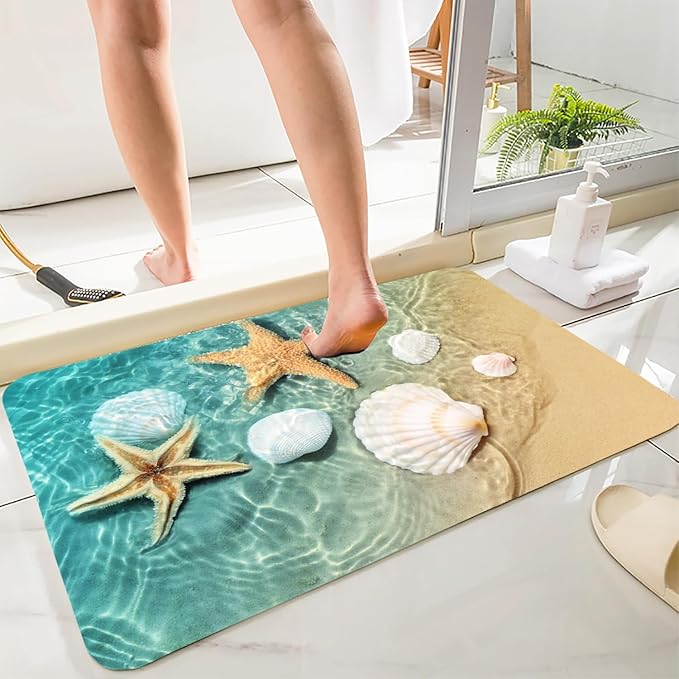 Bath Rugs Sponge Foam Absorbent Soft for Bathroom and Kitchen (21X35.5 inches), Flannel Mat Non Slip Bright 3D Print for Bedside and Living Room(Scallop Starfish)