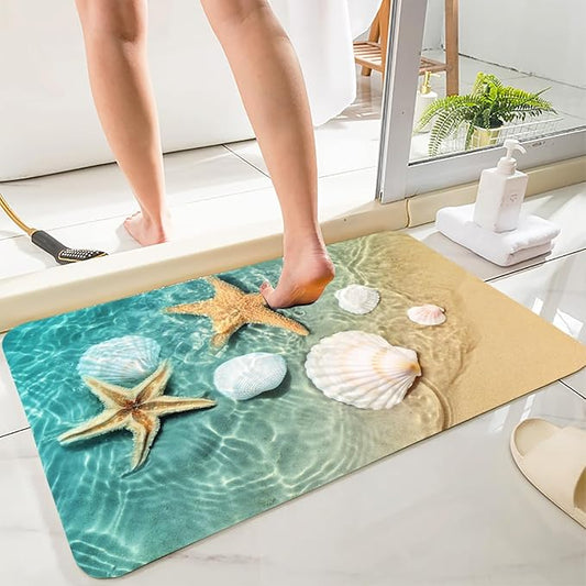 Bath Rugs Sponge Foam Absorbent Soft for Bathroom and Kitchen (21X35.5 inches), Flannel Mat Non Slip Bright 3D Print for Bedside and Living Room(Scallop Starfish)