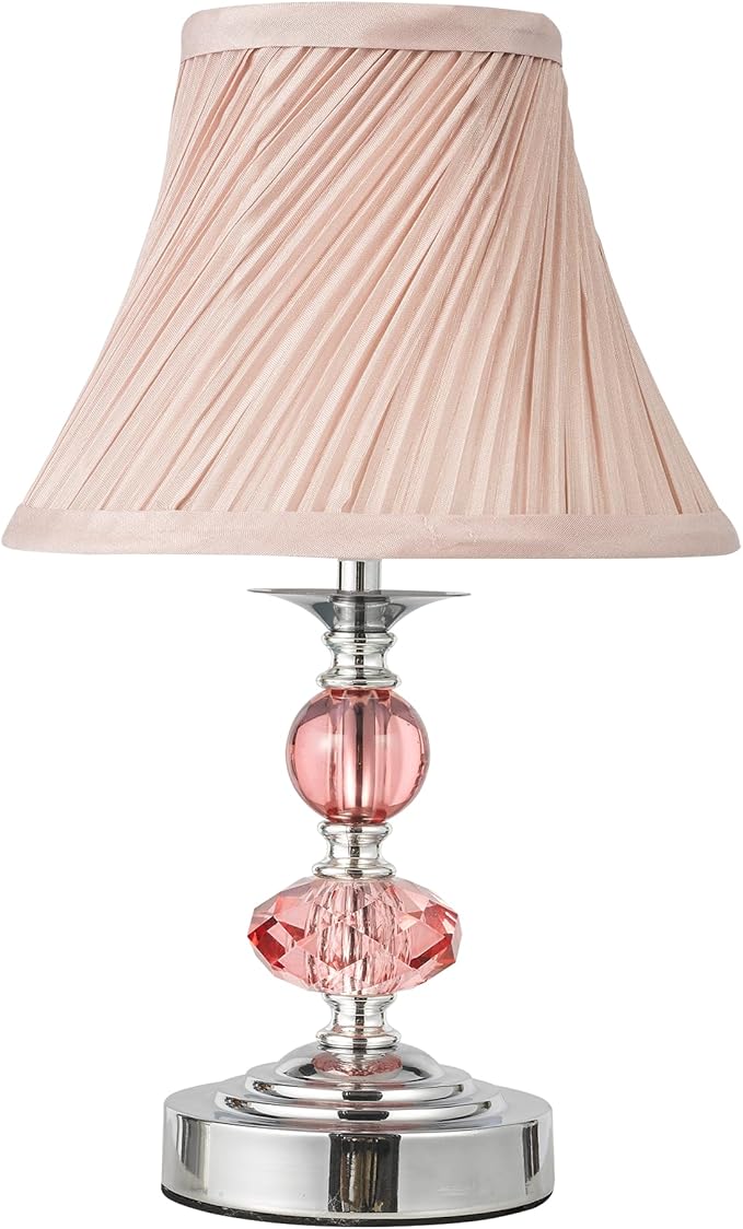Small Modern Crystal Bedside Table Lamp, 7 x 7 x 12 Inch Electroplaetd Silver Base Table Lamp for Bedrooms and Office (Pink Pleated Bell Shape Shade)
