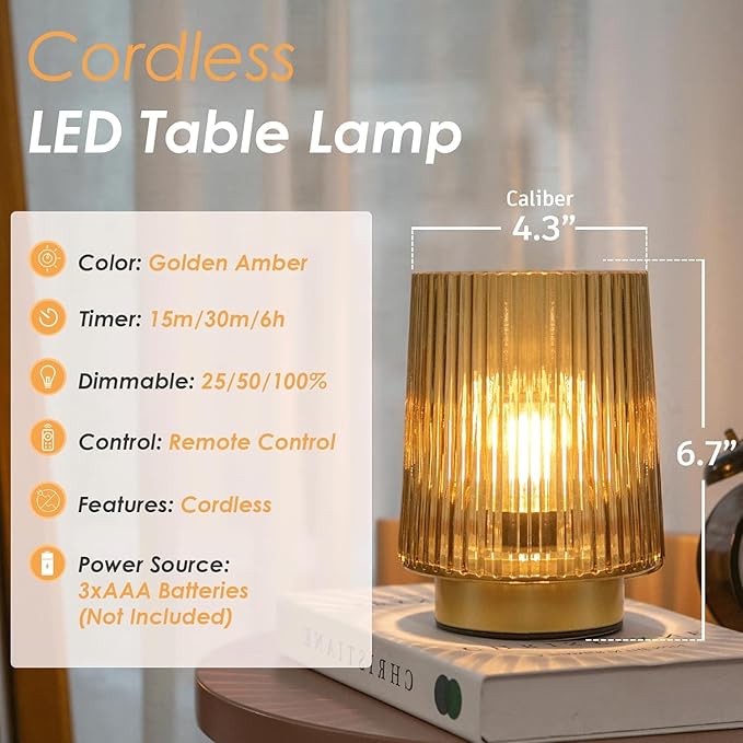 Battery Operated Lamp with Remote Control, Cordless Table Lamps for Home Decor, Portable Dimmable Brightness Small Lamp with Timer for Room Decorative Corner Bedroom (Golden Amber)