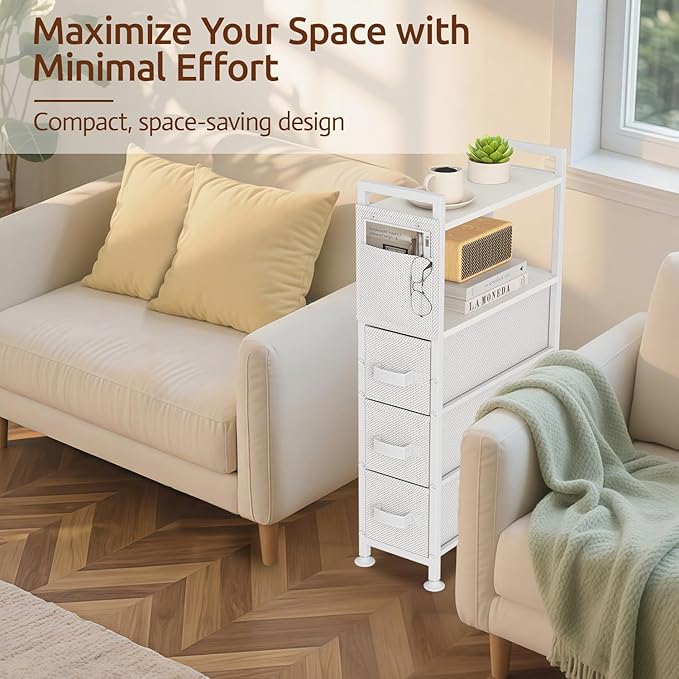 3 Drawer Small Narrow Side End Table for Small Spaces, Slim Nightstand Bedside Sofa Table with Wheels, Space Saving Skinny Thin Couch Desk with Storage Bag for Bedroom Living Room Bathroom,White