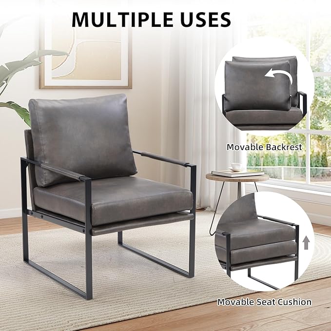INZOY Mid Century Modern Accent Chair with Removable Cushions, Comfy PU Leather Living Room Chairs with Thicker Backrest and Cushion, Metal Frame Design, Dark Grey