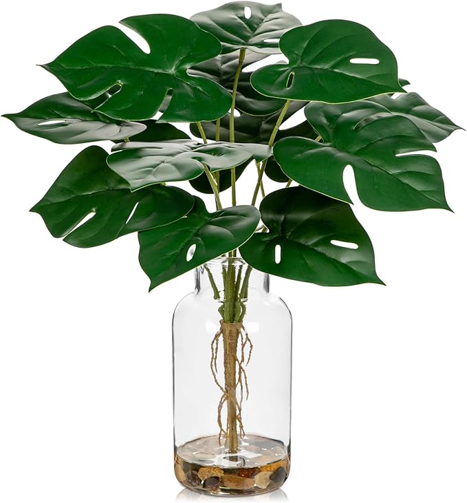 DILATATA Artificial Monstera Stems in Glass Vase with Faux Water and Real Stones 13" Fake Greenery Plant Monstera Leaves for Home Office Farmhouse Bathroom Bedroom Kitchen Table Centerpiece Decor