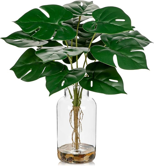 DILATATA Artificial Monstera Stems in Glass Vase with Faux Water and Real Stones 13" Fake Greenery Plant Monstera Leaves for Home Office Farmhouse Bathroom Bedroom Kitchen Table Centerpiece Decor