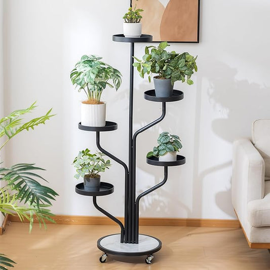 CHPHI 5 Tier Indoor Plant Stand Wrought Iron, Tall Metal Plant Stand with Wheels, Metal Rolling Plant Shelf with 5 Trays, Multi-tier Rolling Display Stand for Home and Office(Black)