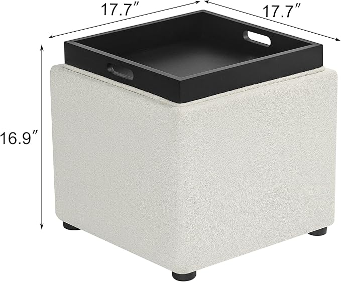 Adeco 17" White Square Storage Ottoman with Tray, Modern Cube Ottoman Coffee Table for Dorm, Bedroom (White with Tray)