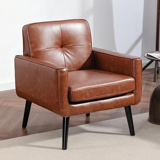 Mid Century Accent Chair, PU Leather Modern Chair with Wooden Frame, Cozy Armchair Reading Chair with Comfy Back for Apartment, Living Room, Bedroom, Waiting Room, Small Space, Corner, Brown