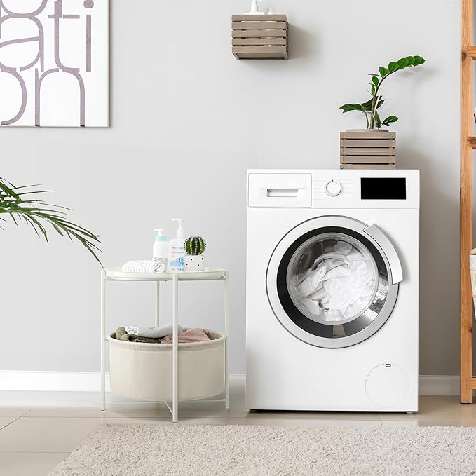 danpinera Round Side Table with Fabric Storage Basket, Metal Side Table Small Bedside Nightstand with Removable Tray Top for Living Room, Bedroom, Nursery, Laundry, White