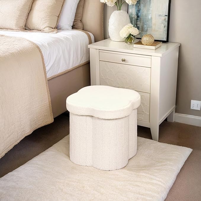 12.6" Small Ottoman with Storage, Flowers Shaped Foldable Foot Rest for Dorm Room, Living Room - Compact Organizer for Small Spaces,White