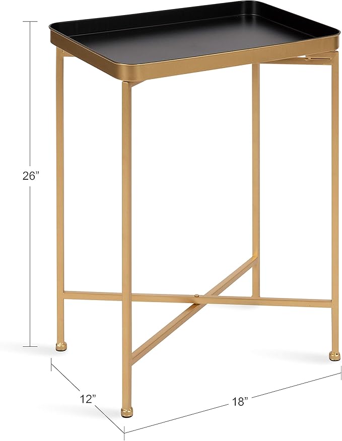 Kate and Laurel Celia Modern Tray Side Table, 18 x 12 x 26, Black and Gold, Foldable Rectangular End Table for Storage and Display