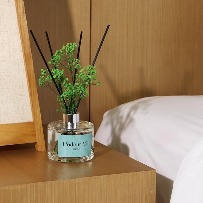 L'OEUR Vill Reed Diffuser Set - 6.7 oz (200ml) Lemon Scented Home Fragrance with 6 Oil Diffuser Sticks for Large Rooms & Bathrooms