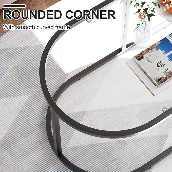 Coffee Table Black Glass Coffee Tables for Living Room, Oval Table Center Table with Sturdy Metal Frame,Modern Tempered Glass Accent Tables for Bedroom Home Office