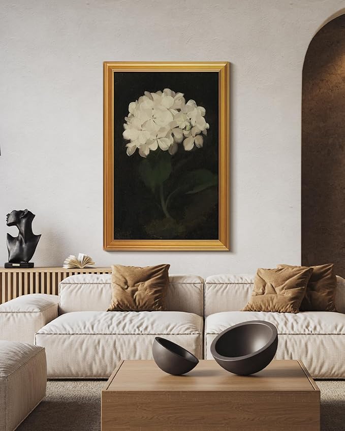 HUARCEY Gold Framed Vintage Wall Art for Living Room, Flowers Painting Canvas Print Shelf Decor for Kitchen, Aesthetic Bedroom Wall Art, Christmas Gifts for Friends or Family (White Hydrangea 24"x36")