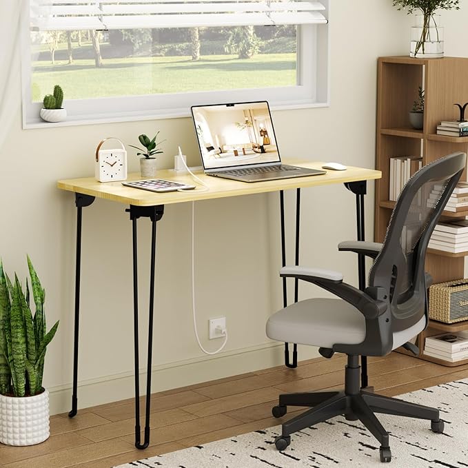 Mini Desk No Assembly Required, 31.5" Small Desk for Bedroom with Power Outlet & Hairpin Legs, 31.5" Foldable Desks for Small Spaces & Home Office, Beige Floor Patten