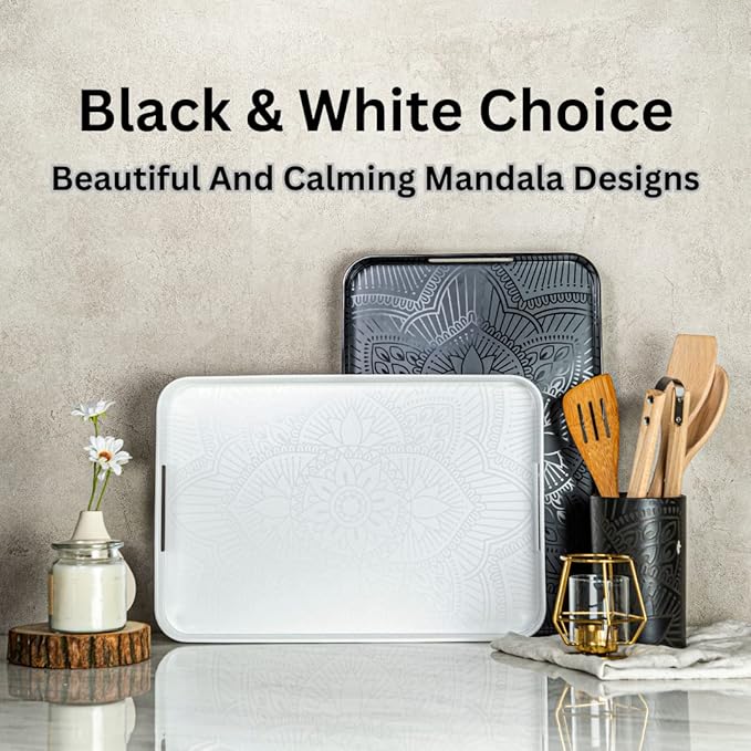 Bzyoo Melamine Gallery Tray -11.5in x 16inch Large Rectangle Serving Tray with Handle for Entertaining, Ottoman and Kitchen Counter Decor, Decorative Home Coffee Table Tray or Vanity Tray - White