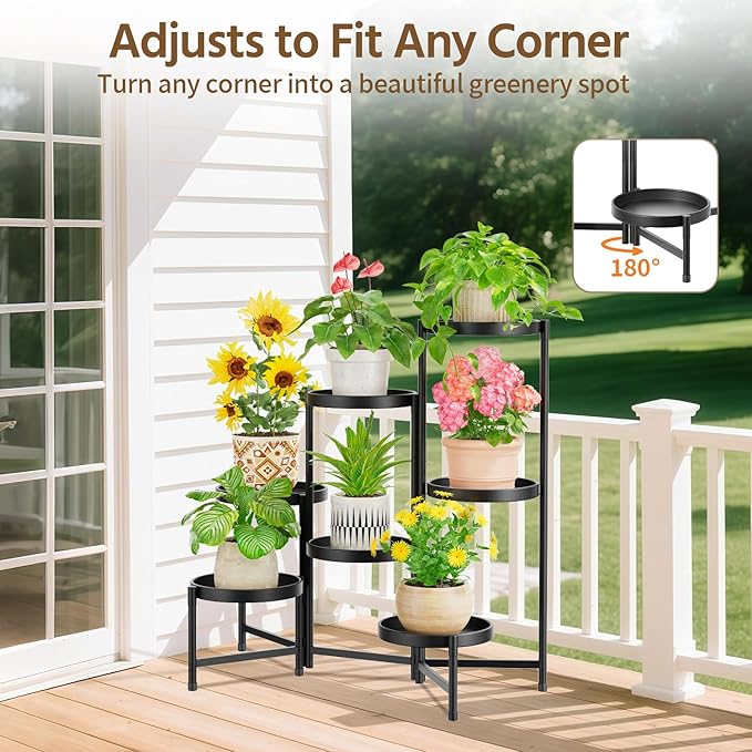 LASZOLA 7 Tiered Folding Plant Stand Indoor for Multiple Large Planter, Tall Heavy Duty Adjustable Rack with Rust Proof 10 Inch Wide Tray, Sturdy Vertical Tree Organizer for Narrow Inside Floor, Black