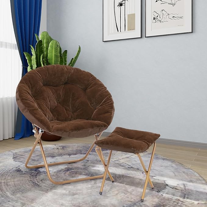 Athena Collection Modern Brown Faux Fur Velvet Saucer Foldable Round Cozy Accent Chair with Ottoman, 300lbs Weight Capacity, Perfect for Bedroom, Living Room, Outdoor Use