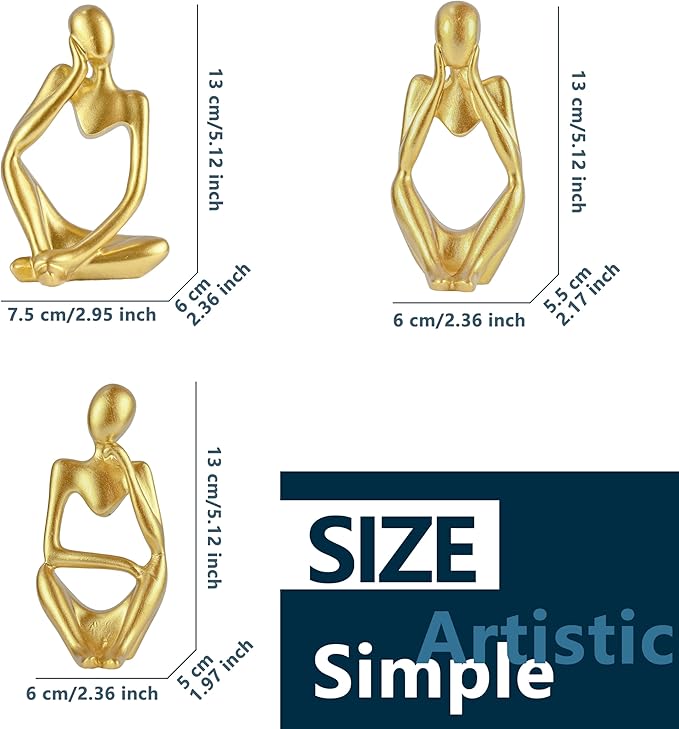 BOPART 3Pcs Gold Statues Decor for Home, Office or Living Room, Resin Thinker Figurines Sculptures Gold Accent for Bookshelf or Coffee Table Decoration