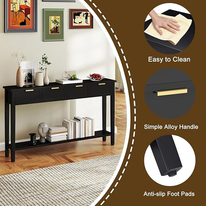 Long Console Table for Entryway with 4 Drawers, 60 Inch Entryway Table w/Open Shelf and Handmade Metal Handle, Narrow Foyer Sofa Table for Living Room, Bedroom, Hallway, Black