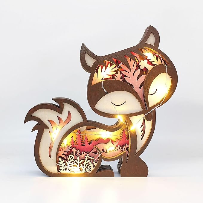 Drawelry 3D Wooden Carving Animals Lamp - Creative Fox Squirrel Wood Carved LED Night Light Garden Yard Wooden Animals Sculpture Ornaments Desktop Home Decor Birthday Gifts for Family Friend (Fox)