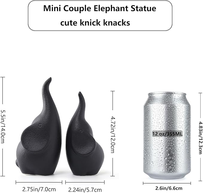 Ceramic Elephant Figurines with Trunk Up, Pair Couples Loving Elephant Statue, Small Figurines Sculpture African Home Decor, Valentine Elephants Gifts for Women, Wedding Knick Knacks（Black）