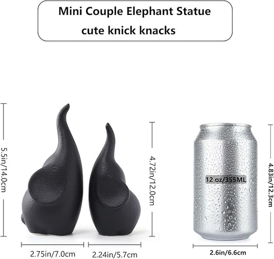 Ceramic Elephant Figurines with Trunk Up, Pair Couples Loving Elephant Statue, Small Figurines Sculpture African Home Decor, Valentine Elephants Gifts for Women, Wedding Knick Knacks（Black）