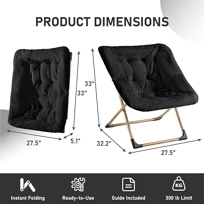 Comfy Oversized Saucer Chair, Soft Faux Fur Reading Lounge Chair for Adults, Stable X-Large Metal Frame and Non-Slip Pad, Foldable Cozy Chairs for Bedroom, Living Room, Dorm, Office, Black