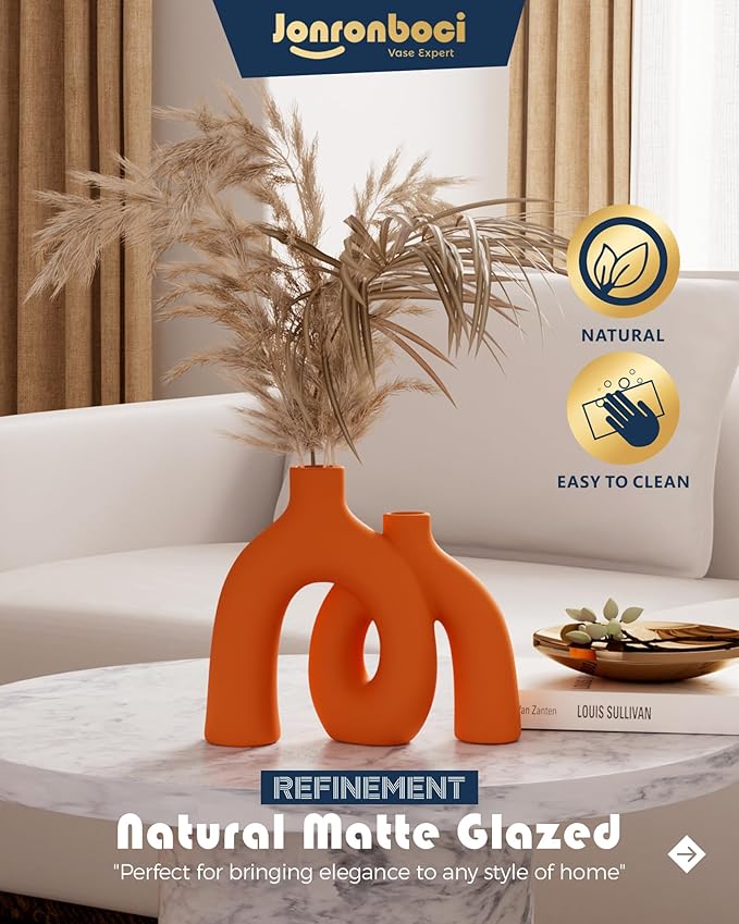 Hug Donut Decorative Vase Set - Modern Vases Home Decor, Decorative Vase for Bookshelf, Entryway Table, Dining Table Centerpiece, Mantle or Fireplace Decor, Console (Orange)