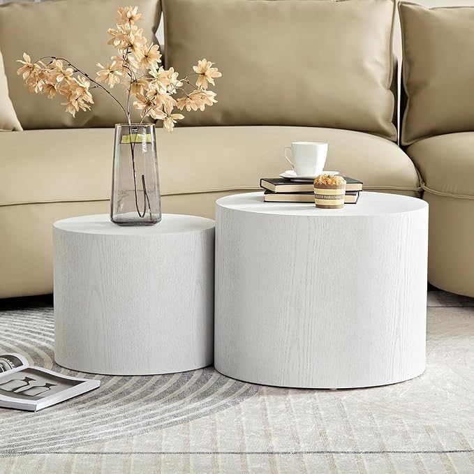 KEVINSPACE Coffee Table Set of 2, 18.9" Modern Round Coffee Tables White Nesting Coffee Table Circle Side Table for Small SpaceAccent End Table Set No Assembling White Wood Grain