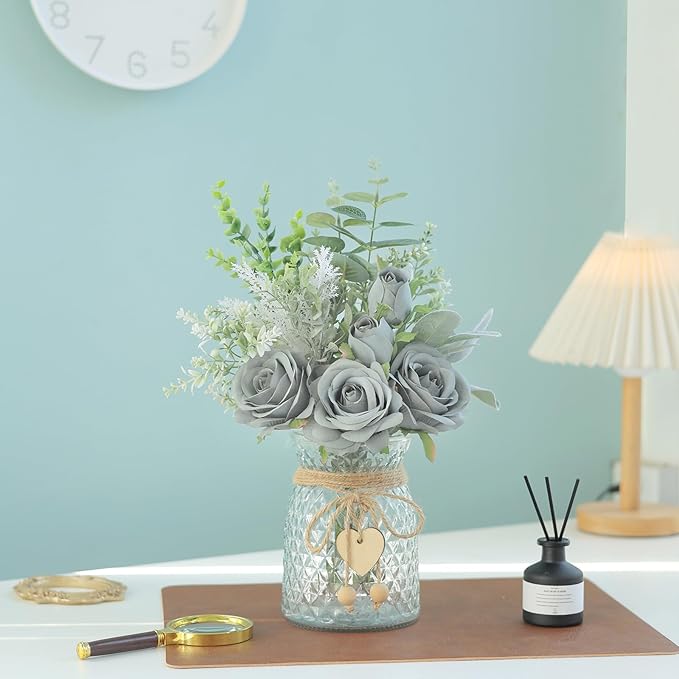 Faux Flowers with Vase,Artificial Silk Roses in Vase, Fake Plant Eucalyptus Flower Arrangement for Home Office Farmhouse Bathroom Dining Table Centerpiece Decorations Coffee Table Decor (Grey Blue)
