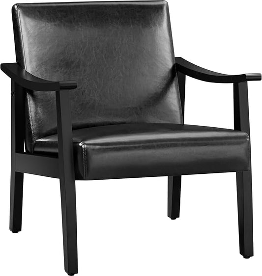 Yaheetech PU Leather Accent Chair, Mid-Century Modern Armchair with Solid Wood Legs, Reading Leisure Chair with High Back for Living Room Bedroom Waiting Room, Black